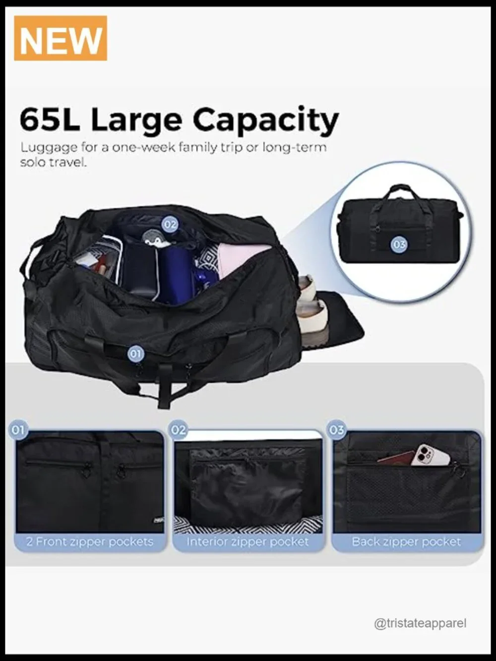 65L Foldable Travel Duffle Bag with Shoe Compartment